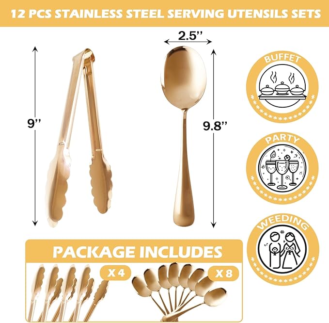 12PCS Gold Serving Utensils Set,Includes 8 large serving spoons,4 serving tongs