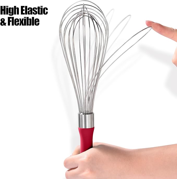 Doosu 18/8 Stainless Steel Balloon Whisk for Cooking (12 Wires, Red)