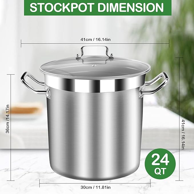 STOCKPOT Stainless Steel Stock Pot with Lid – 24 Quart (6 Gallon) Heavy-Duty Cooking Pot for Soup, Stew, Pasta – Commercial & Home Use, Easy to Clean