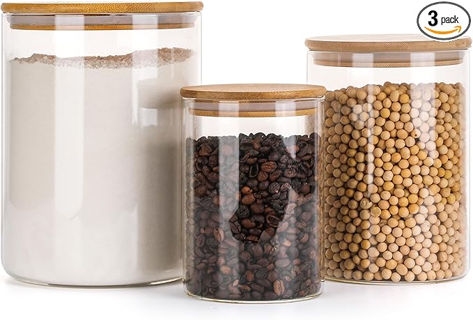 Wnaraa Glass Flour Storage Containers with Lids, Glass Jars with Bamboo Lids, Large Food Storage Jar, Sugar, Pantry Storage Container for Pasta Rice Flour Oats Nuts Tea Spice (Round 27oz+54oz+100oz)