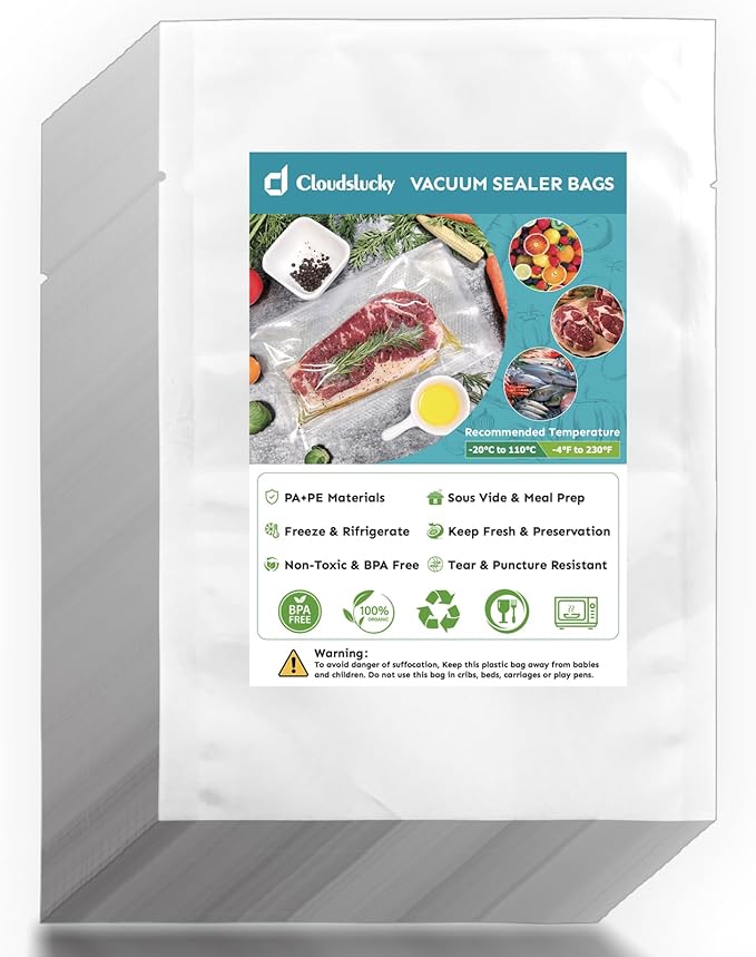 Cloudslucky Chamber Vacuum Sealer Bags,8"x12" 200 Pcs Pre-cut Chamber Machine Pouches,Heavy Duty Chamber Vacuum Bags for Commercial Sealer,Food Storage,Meal Prep,Sous Vide,Meat Cheese Goods, BPA Free