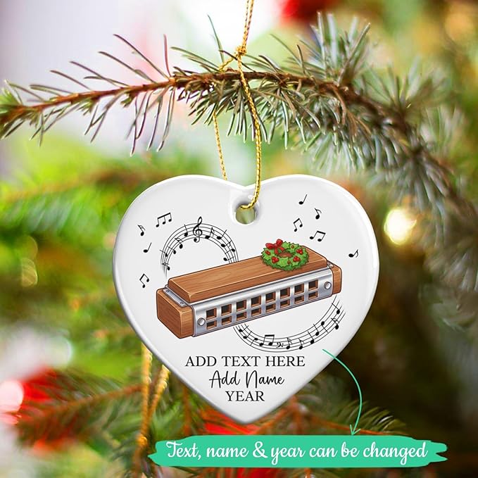 Personalized Harmonica Christmas Ceramic Ornaments, Harmonica Musical Instrument Xmas Tree Ornament 2026, Custom Music Lover Christmas Ornament with Text Name & Year, Gift for Music Teacher
