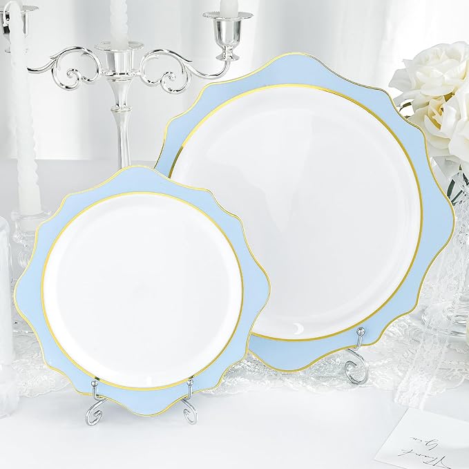 realluck 100Pcs White & Blue Plastic Plates for 50 Guests
