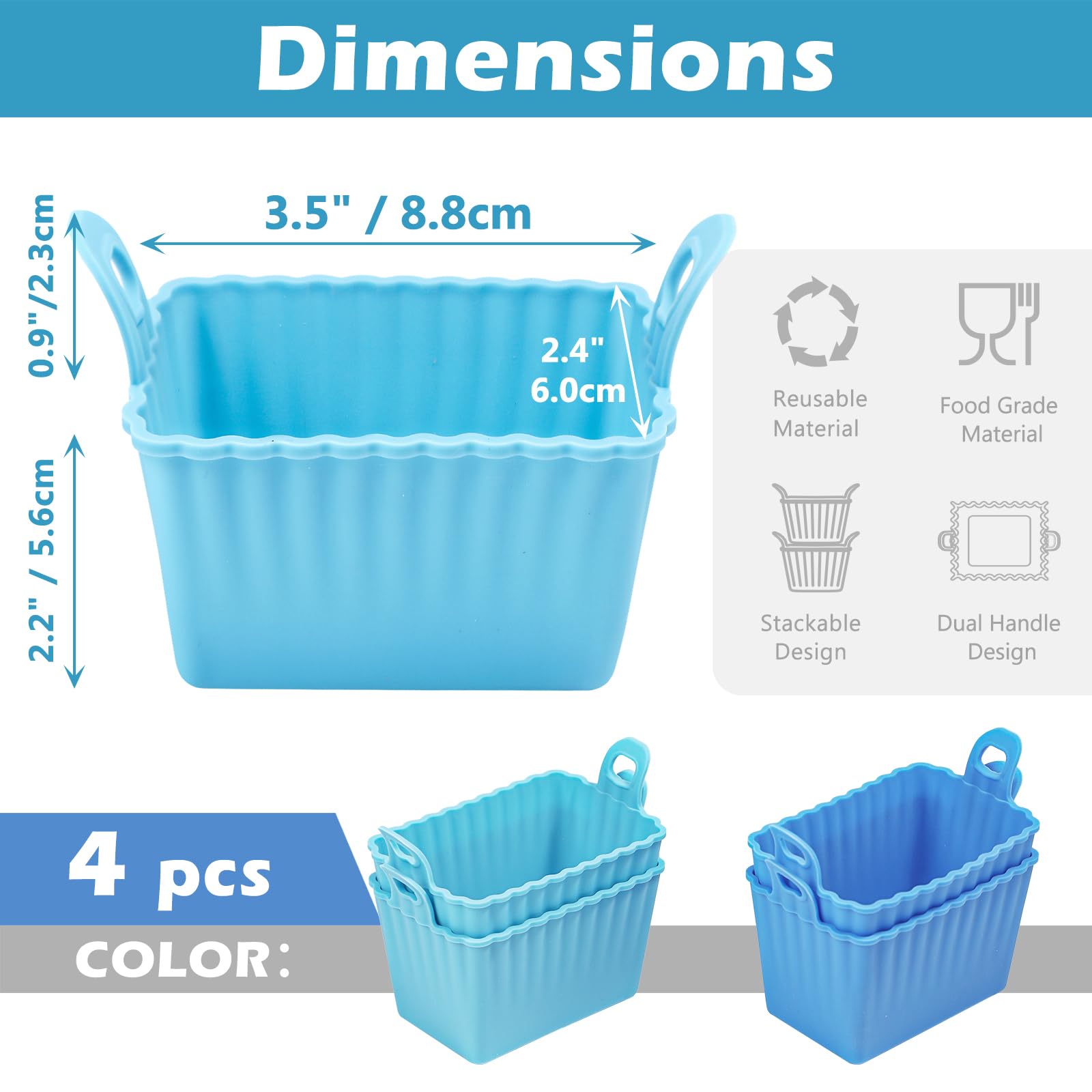 Koluti Nonstick Silicone Egg Bites Baking Mold Pack of 4, Reusable Muffin Cupcake with Double Handle, BPA Free, Small Rectangle Air Fryer Cupcakes Liner, 2 Colors
