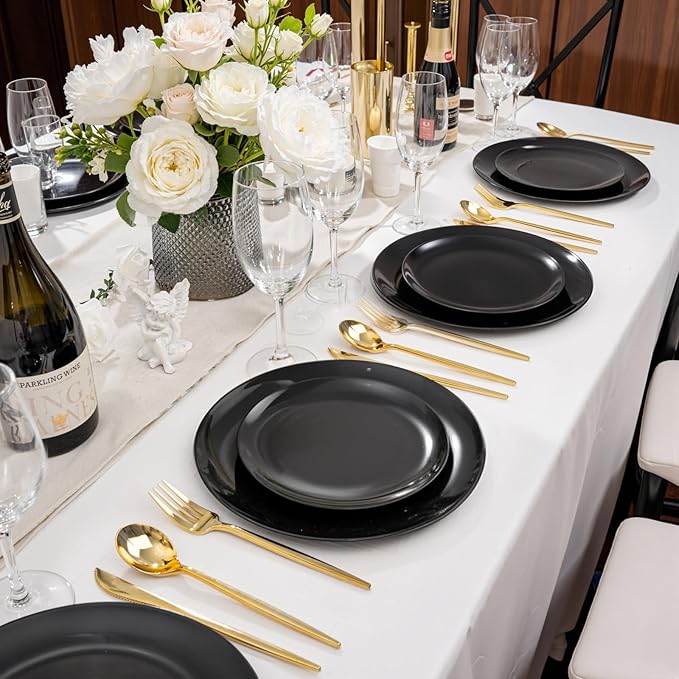 PULOTE 60 PCS Black Plastic Plates - Include 30 Dinner and 30 Dessert Plates, Black Disposable for Party,Birthday & Graduation