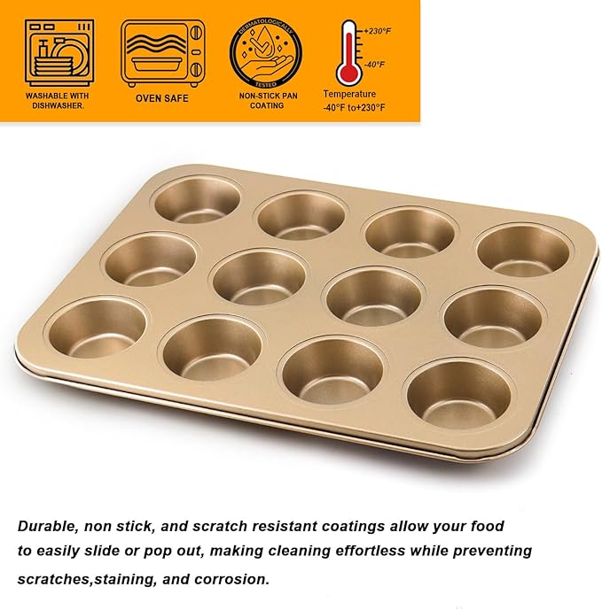 MARIWEI 2 Pack Premium Nonstick Bakeware 12-Cup, Mini Muffin Pan, Dishwasher Oven Safe(Golden, 12 Cup (2 pcs)
