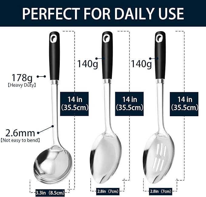 MUJINON 14-in Cooking Spoons Set, Heavy Duty 18/0 Stainless Steel Large Serving Spoons Set, Slotted Spoon, Cooking Spoon & Soup Ladle, Commercial and Residential Use, Pack of 3