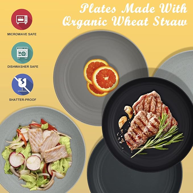 Wrova Wheat Straw Dinner Plates - 9 Inch Unbreakable Set of 8 - Dishwasher & Microwave Safe Reusable Plates - Lightweight for Kitchen & Camping (Classic Series)