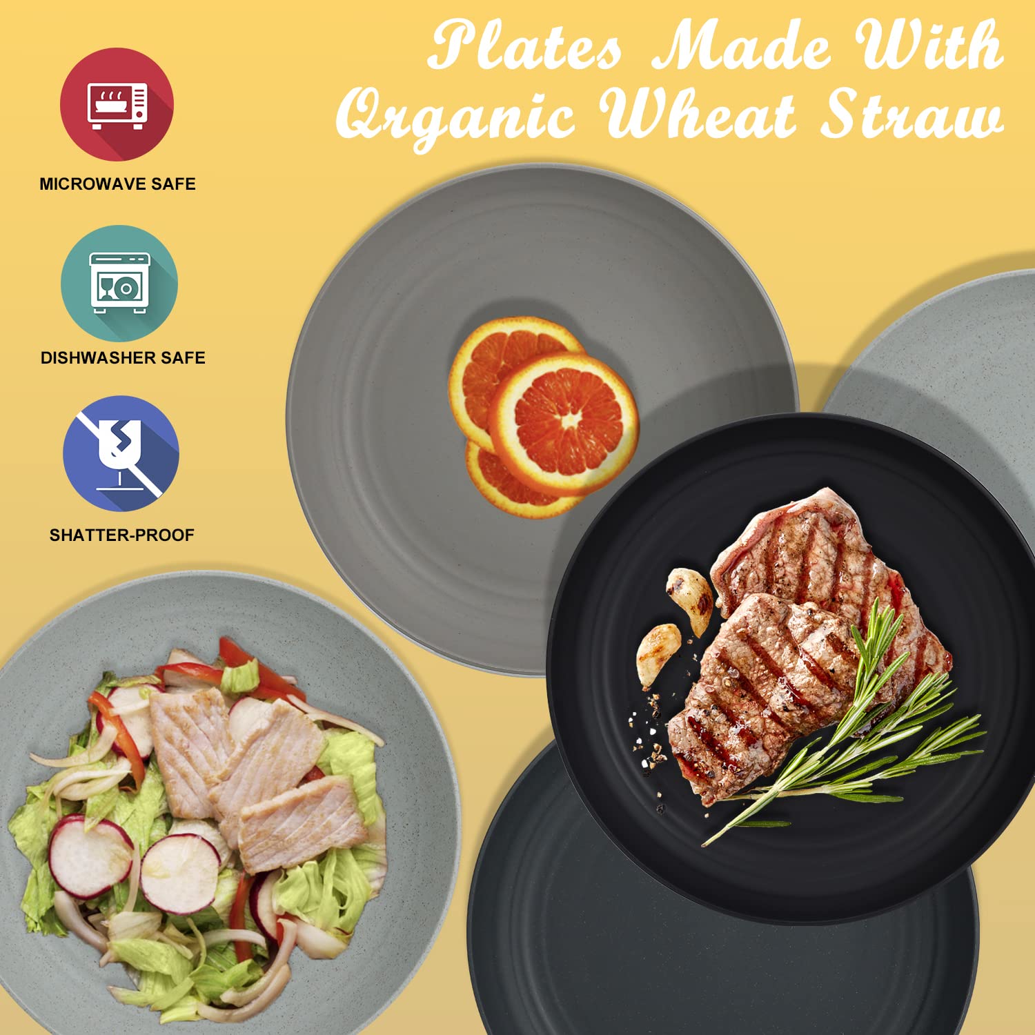 Wrova Wheat Straw Dinner Plates - 9 Inch Unbreakable Set of 8 - Dishwasher & Microwave Safe Reusable Plates - Lightweight for Kitchen & Camping (Classic Series)