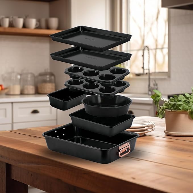 Prime Cuisine Stackable Nonstick Bakeware Set, 8 Piece Baking Pan Set, Oven Safe Carbon Steel, Includes Cookie Sheet, Muffin Pan, Loaf Pan & Roaster