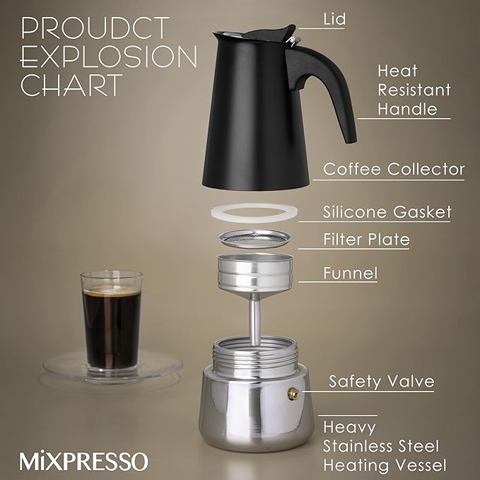 Mixpresso 6 Cup Greca Moka Pot, Stainless Steel Stovetop Espresso Maker