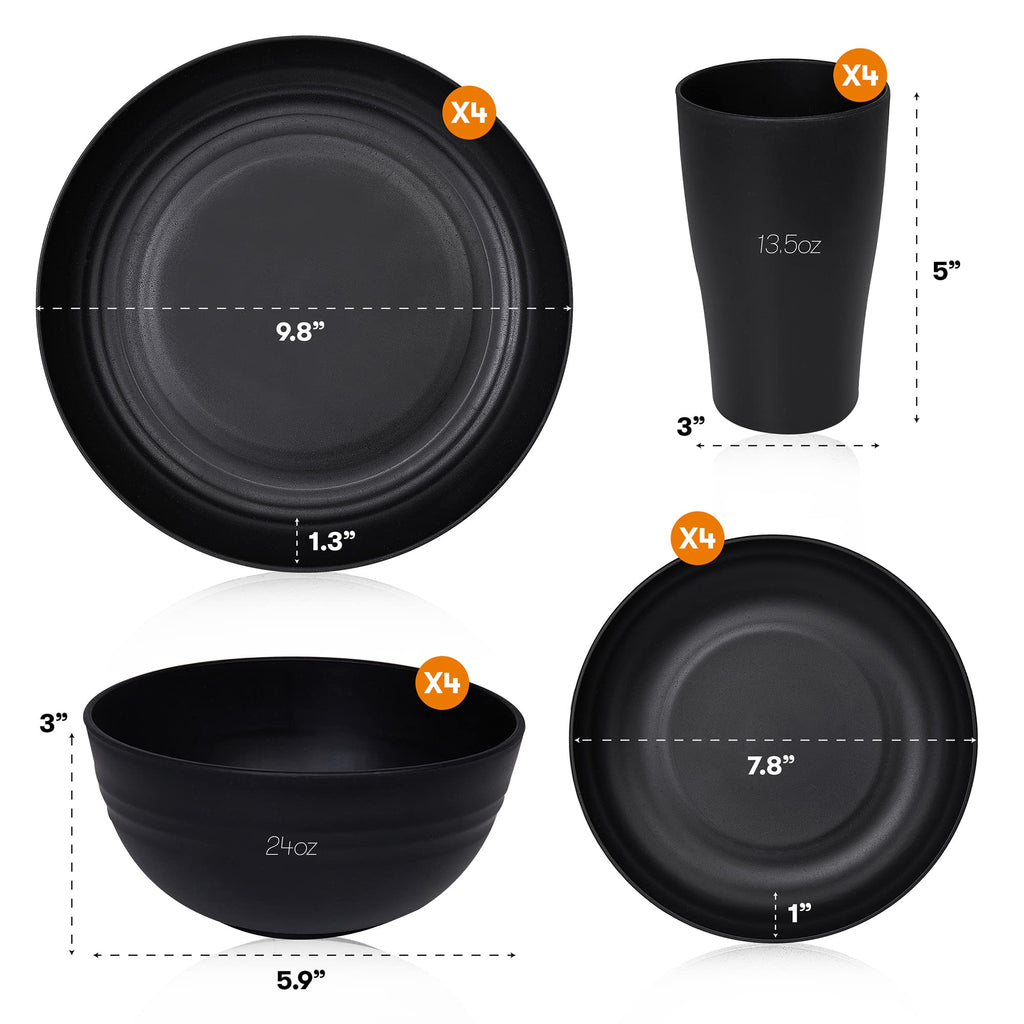 Wheat Straw Dinnerware Sets | Unbreakable Dinnerware Sets | Dishwasher Microwave Safe Dinnerware | Eco Friendly Non Breakable Dinnerware Sets | RV Outdoor Camping (Black, Service for 4 (16 pcs))