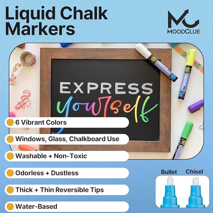 MoodClue Liquid chalk markers washable, erasable, dry or wet erase. 6 neon markers for whiteboards, glass boards, mirrors, chalkboards, windows, car windshields, glass. Non-toxic, reverse tip pens