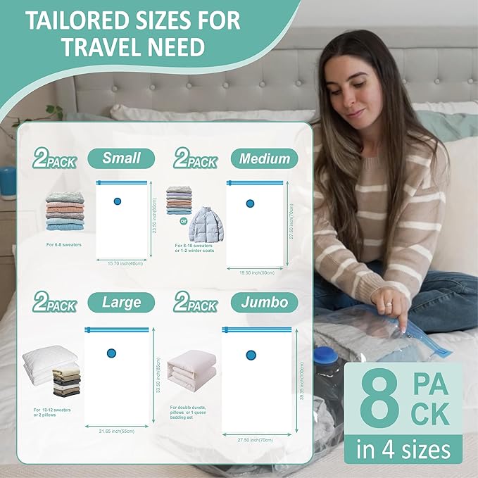 Cozy Essential Travel Vacuum Storage Bags with Rechargeable Cordless USB Pump, Space Saver Bags for Luggage, Suitcase, Carry-On, for Clothes, Blankets, Bedding & Seasonal Storage,8 Combo