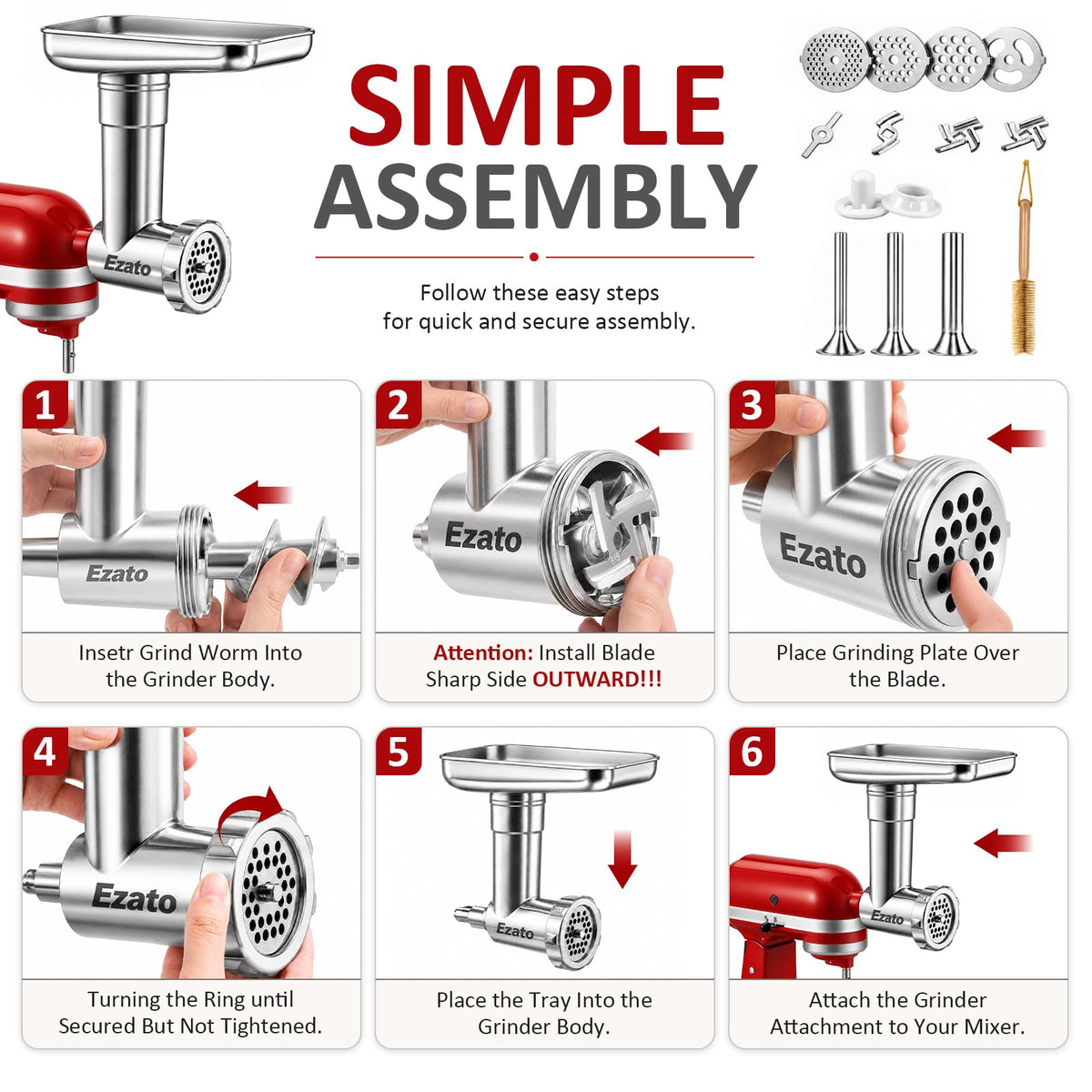 Ezato Stainless Steel Meat Grinder Attachment for KitchenAid Stand Mixers