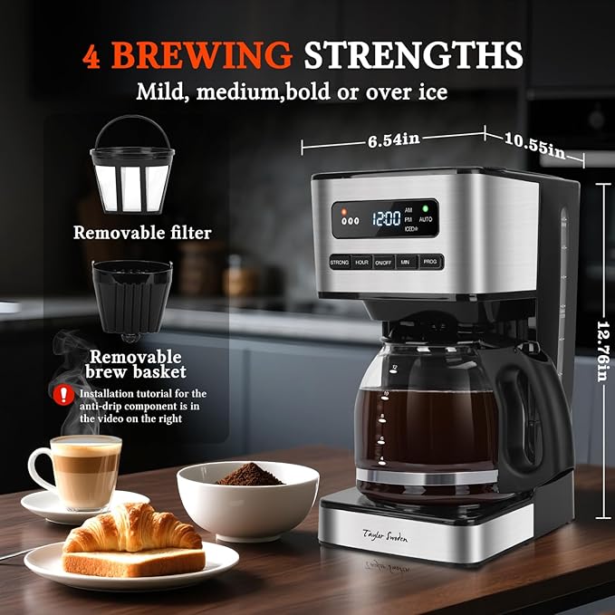 Taylor Swoden Programmable Coffee Maker 12 Cup, Black & Stainless Steel