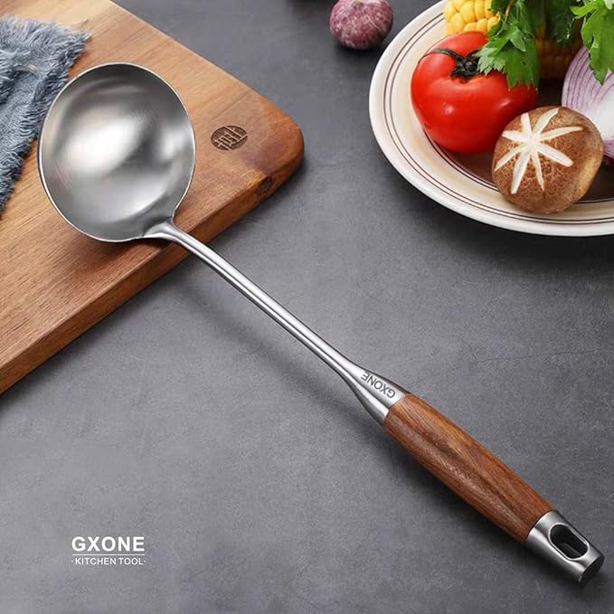 Soup Ladle,304 Stainless Steel Cooking Ladle with Wooden Handle,14.6Inch