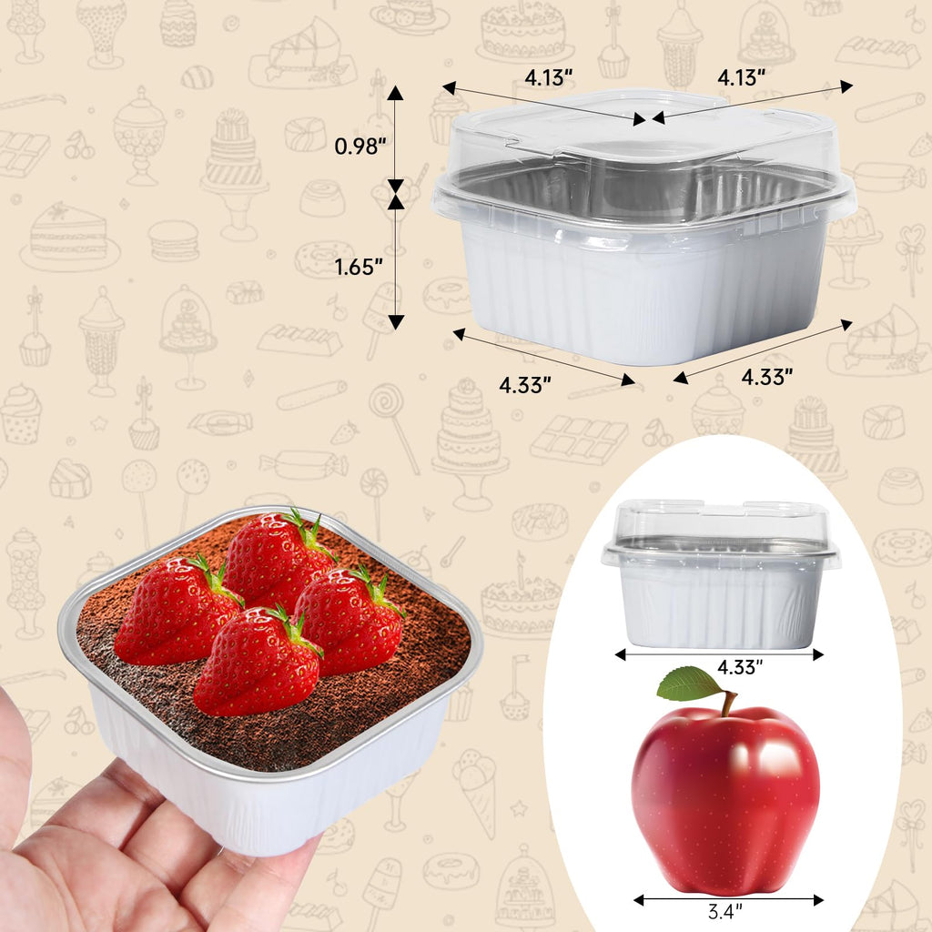 50 Pcs Mini Square Baking Cups with Lids,10oz Aluminum Foil Mini Cake Pans with Lids,Disposable Ramekins Cake Pans,300ml Dessert Cups Cupcake Pans for Wedding Birthday Party,White