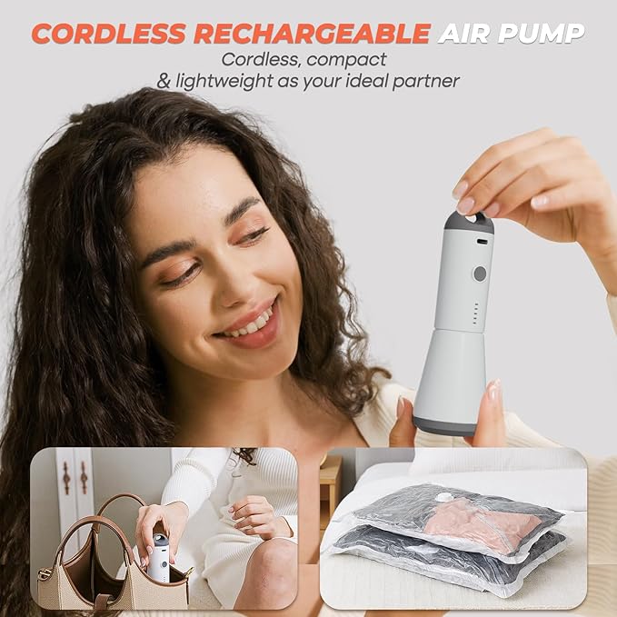 Vacbird Travel Vacuum Storage Bags, 8 Pack 29" Vacuum Seal Bags with Rechargeable Cordless Pump Compression Packing for Clothing Clothes Suitcase Luggage