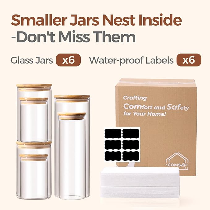 ComSaf Glass Storage Jars 6 Pack, Pasta Containers, Pantry Organization