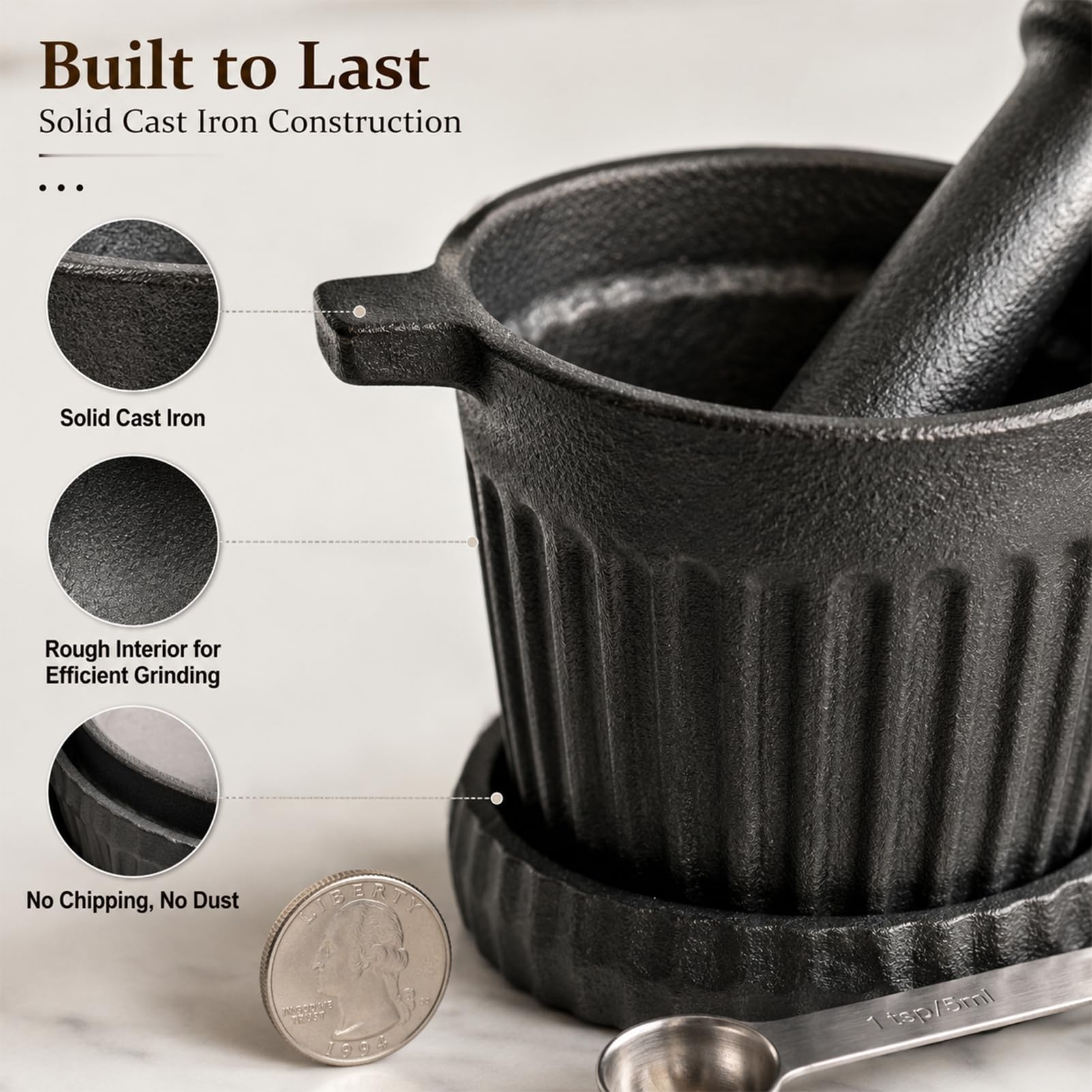 UKEMEN Cast Iron Mortar and Pestle Set, 3-Piece Small Garlic Grater Plate with Brush and Scoop, Heavy Duty Muddler and Bowl Grinder Set Perfect for Guacamole/Spices/Herbs/Solid/Metal/Glass/Rock