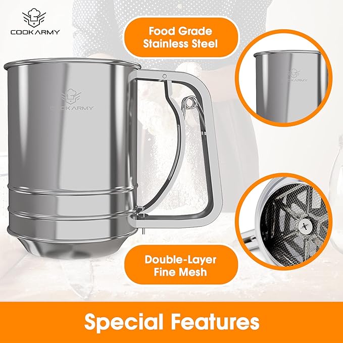 Cook Army Flour Sifter, 3 Cup Stainless Steel, Great Double-layer Baking Sifters for all Baking Flour and Powdered sugar, Flour Strainer