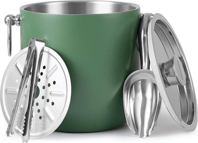 Golden Cudgel Insulated Ice Bucket, 3L Double Wall Stainless Steel Ice Bucket with Tongs,Lid, Scoop and Strainer, Ice Buckets for Parties,Cocktail Bars, Chilling Beer, Champagne, Wine Bottles，Green
