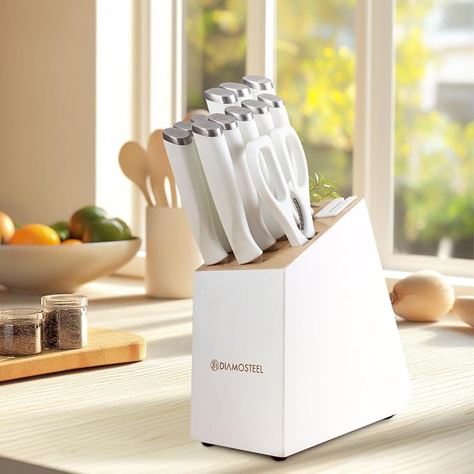 White Knife Set, 13 Pieces Knife Block Set with Built-in Sharpener