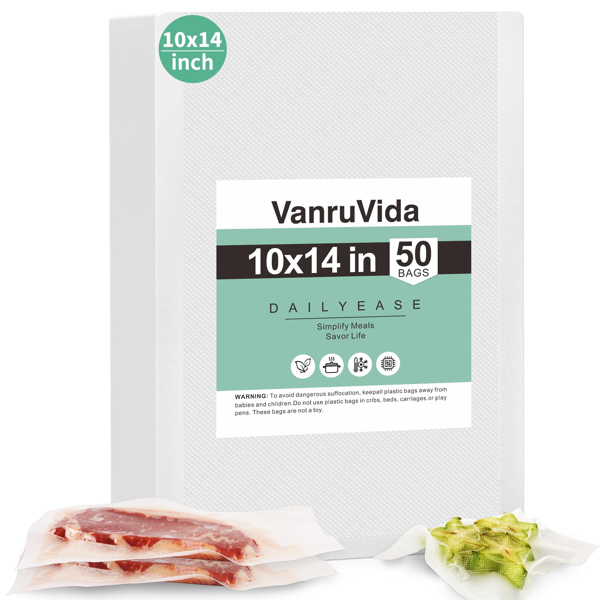 VanruVida Vacuum Sealer Bags,10” x 14” 50 Count for Food Saver,Commercial Grade Textured,BPA Free,Heavy Duty,Great for Vac Storage,Freezer, Meal Prep or Sous Vide