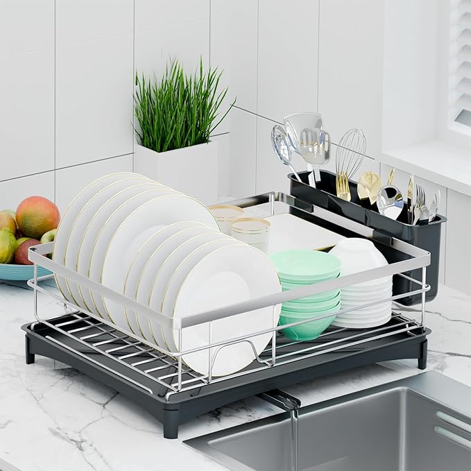 TITIMIO Dish Drying Rack - Space-Saving Dish Rack for Kitchen Counter with Removeable Cutlery Holder,Rustproof & Sturdy Auto-Drain Organizer for Plates,Cups,Knife,Silvery