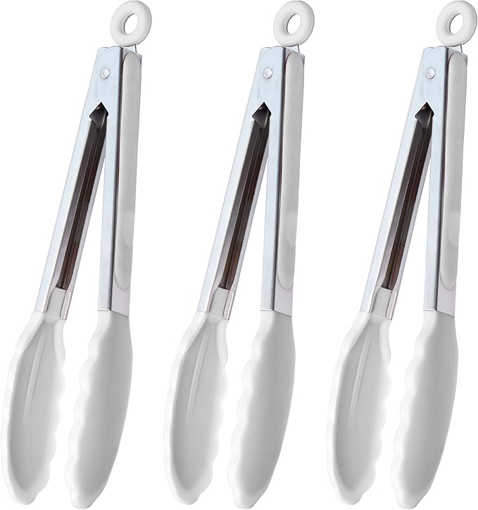 HINMAY Silicone Kitchen Tongs 9-Inch Basics Tongs, Set of 3 (White)