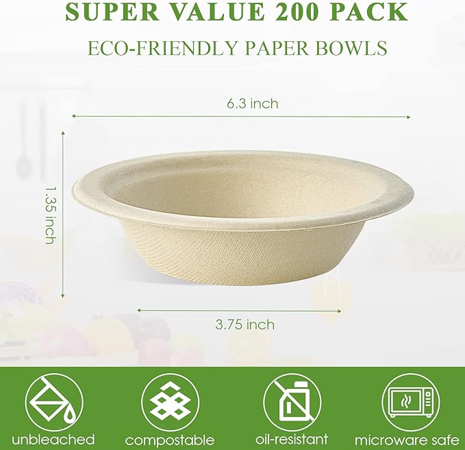 Vplus 200 Pack 12 OZ Compostable Paper Bowls, Bagasse Bowls，Nature