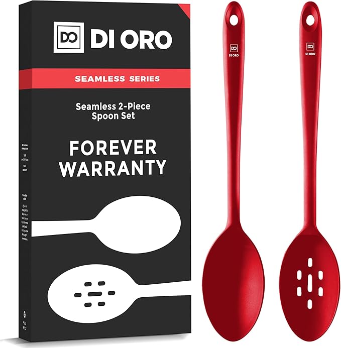 DI ORO Silicone Cooking Spoons - Solid & Slotted Set, 2-Pc Red