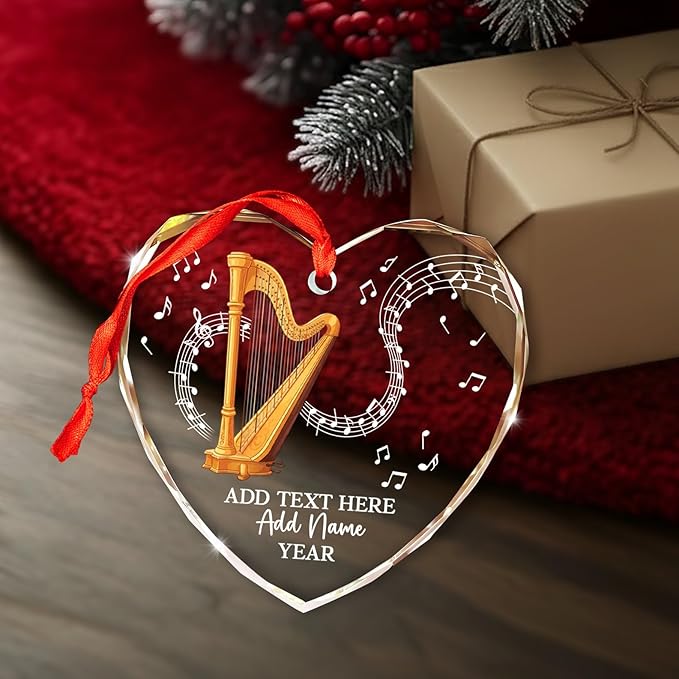 Personalized Text Name Year Harpist Christmas Ornament, Customized Harp Music Instrument Glass Ornaments, 2026 Xmas Ornament Gift for Teacher Student Harp Player, Musician Xmas Decorations