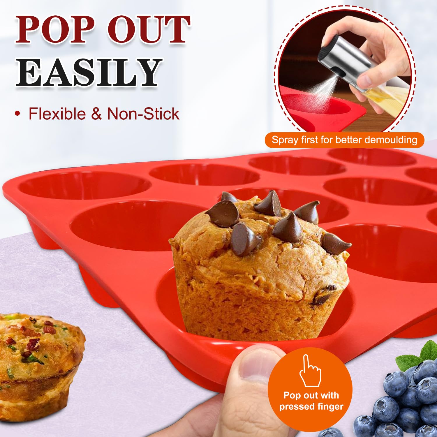 Walfos Silicone Muffin Pan Set of 3, Including Regular 12 Cups Muffin Pans, 24 Cups Mini Muffin Pan & 6 Cups Muffin Top Pan, Non-Stick Cupcake Pan, Easy to Release & Dishwasher Safe