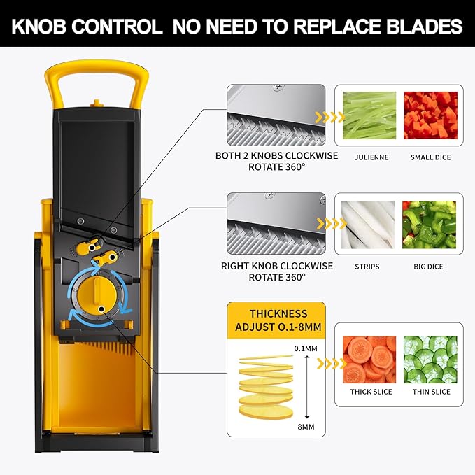 QYKIC Mandoline Slicer for Kitchen, Adjustable 0.1-8mm (6 in 1 Yellow)
