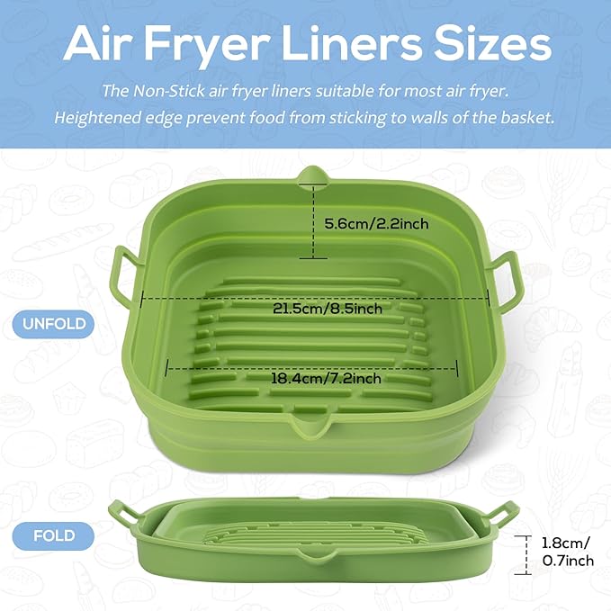 [2 Pack] Silicone Air Fryer Liners Square - Reusable Airfryer Basket - Easy to Clean Air Fryers Pot for 5.8 to 8 Qt Large Air Fryer Baking Tray Oven Accessories, 8.5 Inch