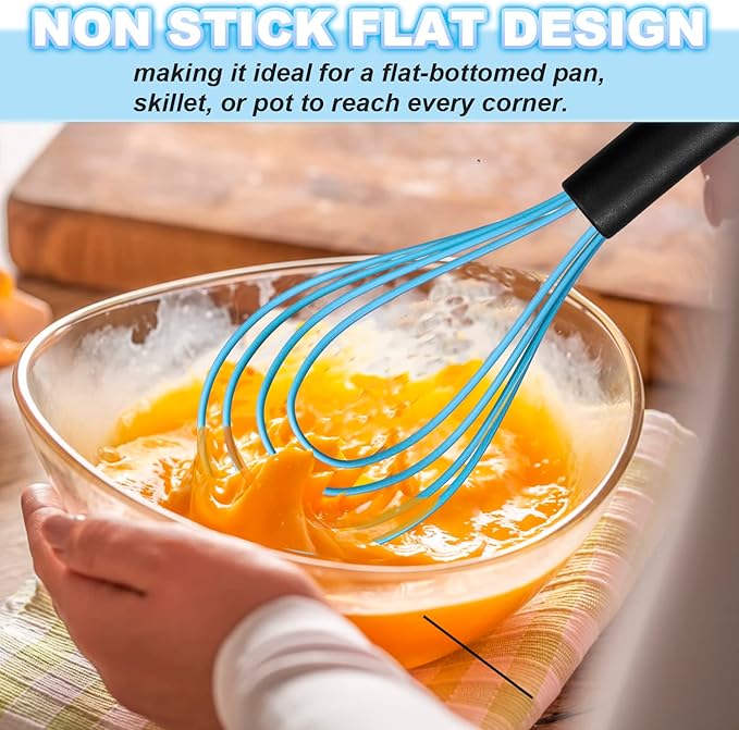 Anaeat Silicone Kitchen Whisk Set of 4, Perfect for Non-Stick Cookware, Milk and Egg Beater Blender for Whisking, Cooking, Baking, Beating - 11'' Flat Whisk and 9''+11''+12'' Balloon Whisks (Blue)