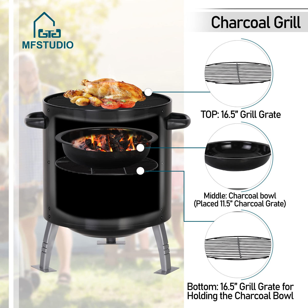 MFSTUDIO 17" Vertical Smoker Charcoal Wood Chunks with Thermometer, Black