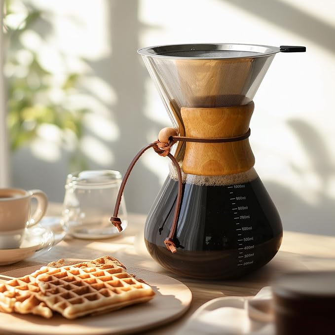 Yopinmall Pour Over Coffee Maker 34 OZ, 10 Cup Borosilicate Glass Drip Coffee Maker with Reusable Stainless Steel Filter and Cork Grip for Home Café 1000 ML