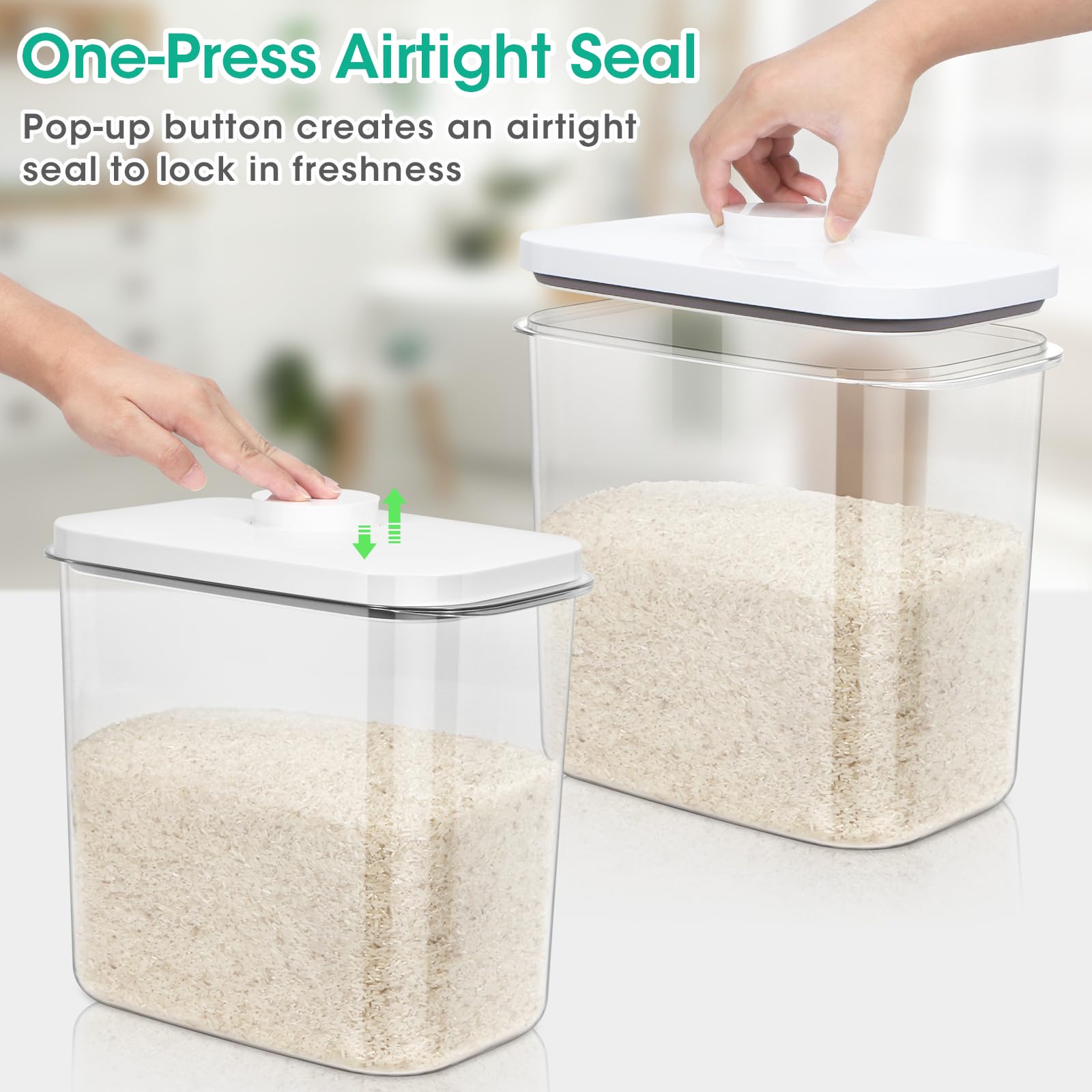 TBMax Large Rice Container 25 Lbs with Easy-Carrying Handles -12.7 Qt Flour Storage Container with Pop Up Lid & Hanging Hooks for Cleaner Use, Airtight Food Storage Bin for Kitchen Organization