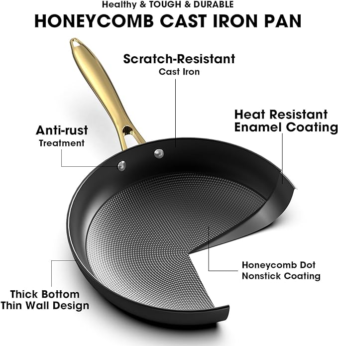 imarku Non Stick Frying Pans, Professional Cast Iron Skillets 2 Pcs - 8 Inch & 10 Inch Frying Pans Nonstick, Honeycomb Long Lasting Frying Pan Set Gold Handle Oven Safe Pan, New Home Essentials