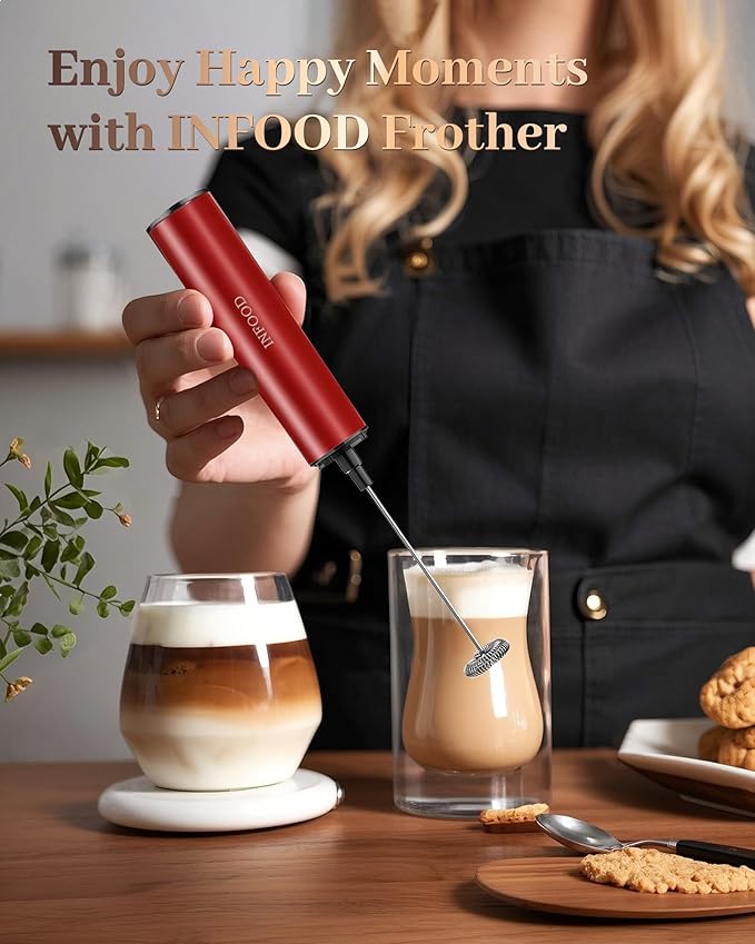 INFOOD Rechargeable Milk Frother with Cover, 2-Speed, 2 Whisks, Red