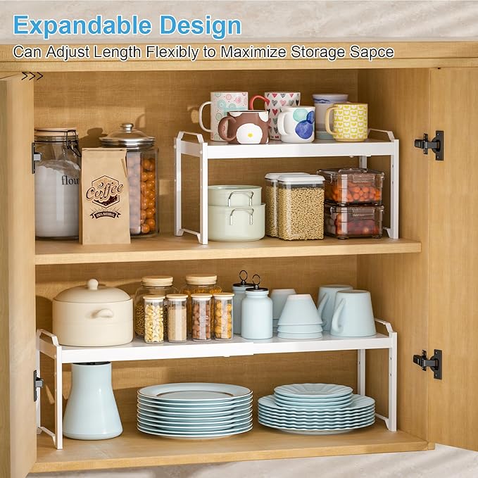 4 Pack Kitchen Cabinet Shelves Organizers, Kitchen Counter Storage Shelf Spice Rack, Expandable Length, Adjustable Height, Stackable, Sturdy 30LBS Bearing, Small Cupboard Tabletop Organizer Shelf Rack