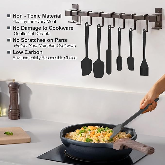MiorBiit Silicone Spatula Set, 6 Pieces Food Grade Kitchen Utensils with Silicone Brush Heat Resistant Dishwasher Safe BPA-free Rubber Spatula for Scraping, Baking, Cooking, Mixing (Black)