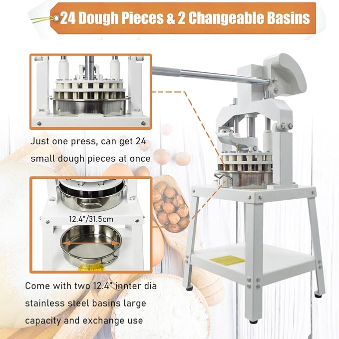 Yokoma Manual 24PCS Dough Divider Commercial 24pcs Dough Divider Manual Doughs Dividing Cutting Machine with 2 Stainless Steel Basin for Commercial Baking, 1.59-8.46oz(45-240g) Weight Range
