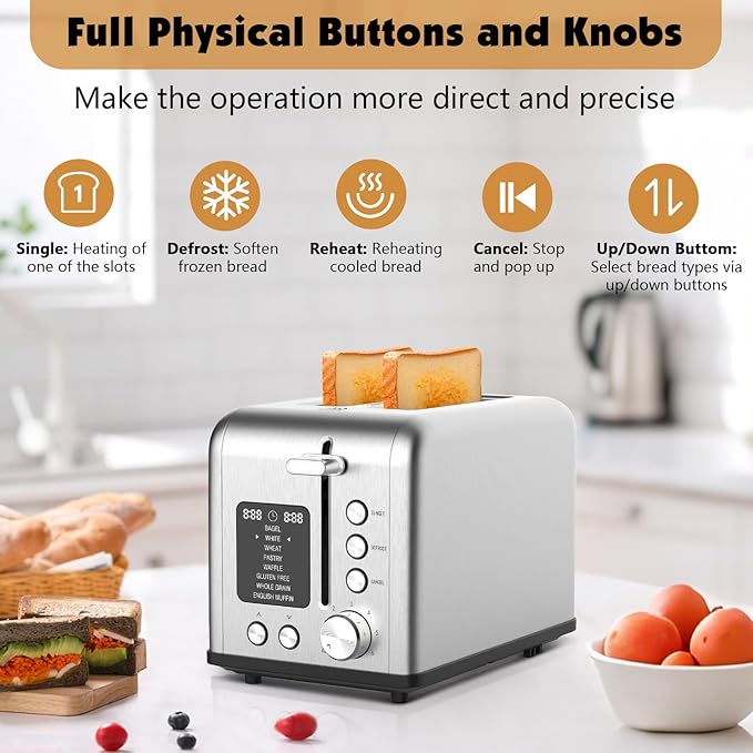 2-Slice Bagel Toaster Stainless Steel with Screen- Single Slice Function for Single-Sided Stuffed Bagel, 8 Bread Types, 6 Browning Levels, LED Countdown Timer, Defrost/Reheat/Cancel, 825W