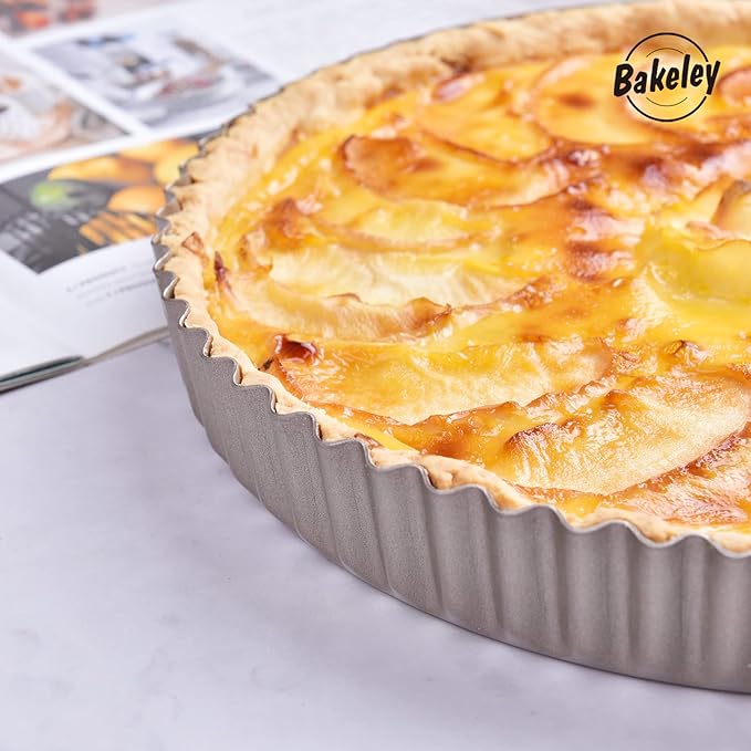 Bakeley 10-Inch Round Tart Pan with Loose Removable Bottom, Non-Stick Carbon Steel Quiche Pan for Oven Baking (Champagne Gold)