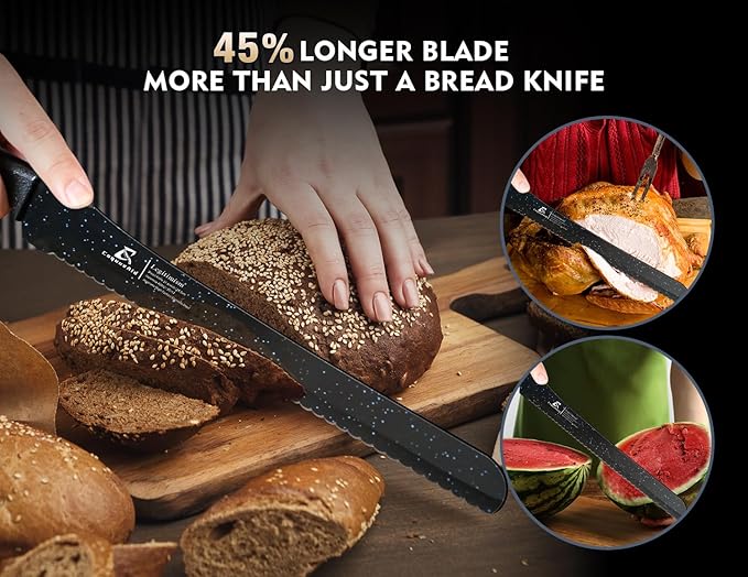 CoquusAid Upgrade Bread Knife for Homemade Bread, World‘s 1st Double Serrated Knife for Crusty Sourdough, 11.6 Inch Stainless Steel Bread Slicer, Professional Sourdough Cutter, Ideal Gift, Black