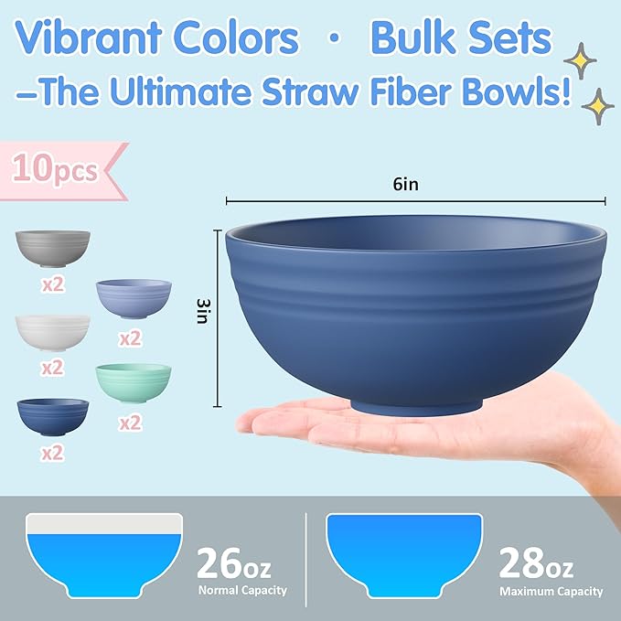 Quatish 10 PCS Unbreakable Plastic Bowls,Dishwasher & Microwave Safe Bowls, Easy-to-Clean Lightweight Snack & Soup Bowl,Multi-Color Portable for Picnics Plastic Bowls Set, Blue